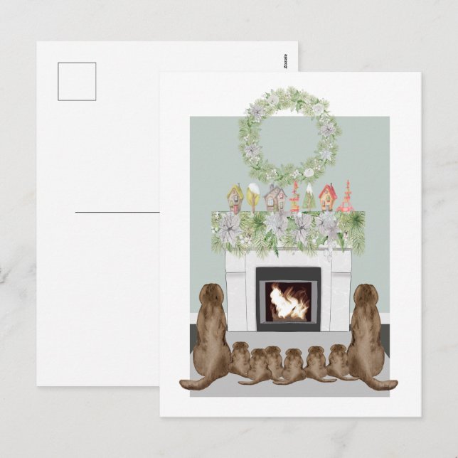 Cartão Postal De Festividades Cena de Lareira da Família Choc Labrador (Frente/Verso)