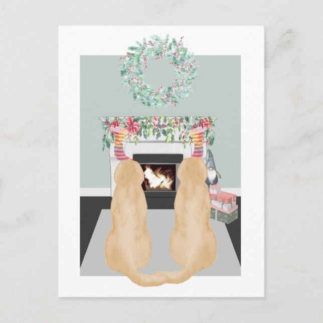 Cartão Postal De Festividades Cena de Lareira de Labrador Amarelo de Natal (Frente)