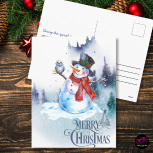 Cartão Postal De Festividades Cena de Natal de Inverno em Aquarela Homem de Neve