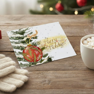 Cartão Postal De Festividades Cena de Natal em Aquarela com Esquilo Engraçado