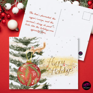 Cartão Postal De Festividades Cena de Natal em Aquarela com Esquilo Engraçado