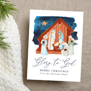 Cartão Postal De Festividades Cena de Natividade de Aquarela Glória a Deus Não F