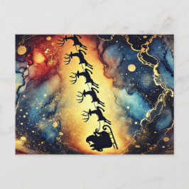 Cartão Postal De Festividades Cena de Papai Noel no céu noturno c/ renas Cartão 