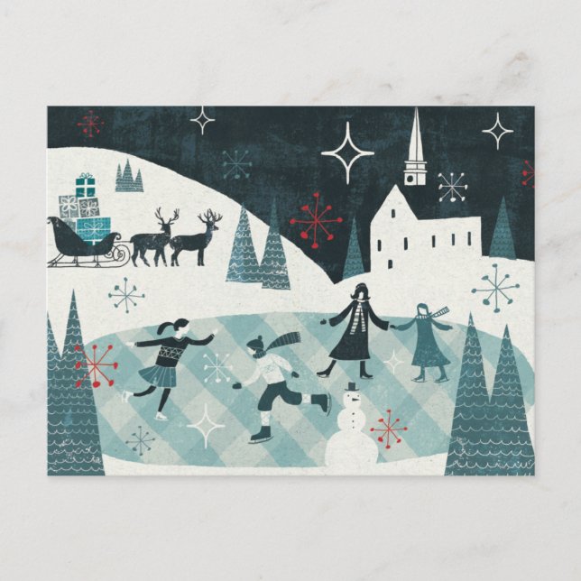 Cartão Postal De Festividades Cena de patinagem alegre de Christmastime (Frente)