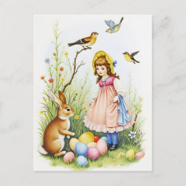 Cartão Postal De Festividades Cena de Primavera com Menina, Coelho e Ovos de Pás