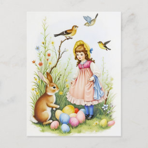 Cartão Postal De Festividades Cena de Primavera com Menina, Coelho e Ovos de Pás