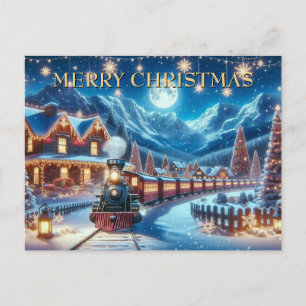 Cartão Postal De Festividades Cena de trem de férias de inverno mágico ao luar