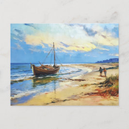 Cartão Postal De Festividades Cena dos pescadores na praia do Mar Báltico com Fi