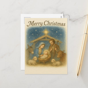 Cartão Postal De Festividades Cena Pacífica do Nascimento do Natal Sagrada Famíl