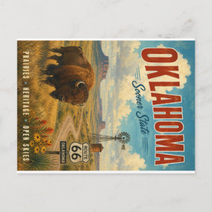 Cartão Postal De Festividades Cena Vintage da Rota 66 de Oklahoma com Bisonte e