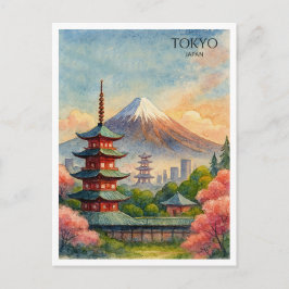 Cartão Postal De Festividades Cenário Urbano de Tóquio Japão Aquarela Lembrança