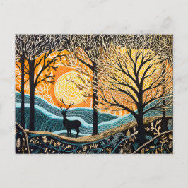 Cartão Postal De Festividades Cervos em paisagem de inverno. Floresta abstrata d