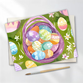 Cartão Postal De Festividades Cesta de Ovos de Páscoa | Aquarela Pastel de Prima