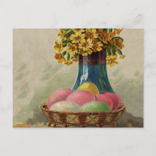 Cartão Postal De Festividades Cesta de Páscoa Ovos Flores Antigo