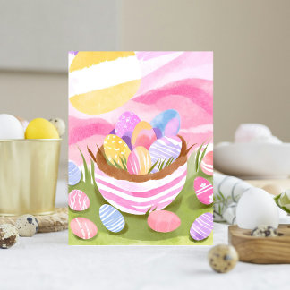 Cartão Postal De Festividades Cesta de Páscoa Rosa Ovo | Aquarela Pastel
