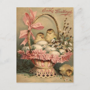 Cartão Postal De Festividades Cesto de Páscoa Ovo Frango Laço Rosa