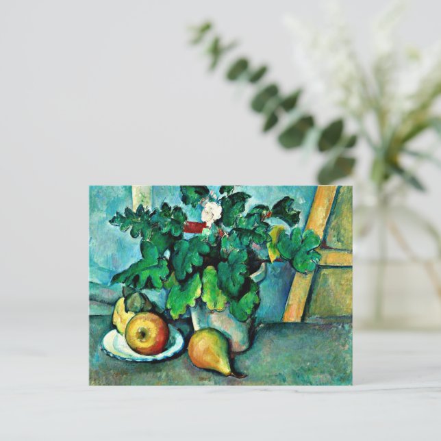 Cartão Postal De Festividades Cezanne - Pote de Primroses e Frutas (Em pé/Frente)