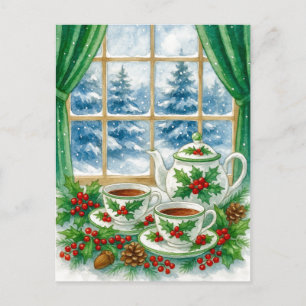 Cartão Postal De Festividades Chá Aconchegante de Inverno junto à Janela Cartão 