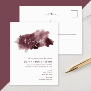 Cartão Postal De Festividades Chá de fraldas de Rapariga de Tinta Burgundy por E