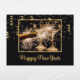 Cartão Postal De Festividades Champanhe de Foto Dourado Elegante Ano Novo