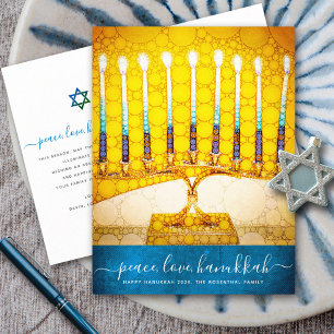 Cartão Postal De Festividades Chanukkah Na moda Yellow Dourado Menorah Script Te