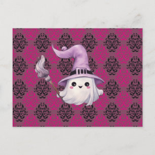 Cartão Postal De Festividades Chapéu de Bruxa Fantasma Vassoura Rosa Roxo Hallow