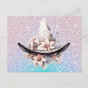 Cartão Postal De Festividades Chapéu de Bruxas Bohemiano Flores Brilho Halloween