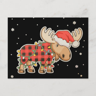 Cartão Postal De Festividades Chapéu de Papai Noel de Alce Xadrez de Búfalo Luz