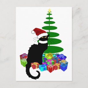 Cartão Postal De Festividades Chat Noir Com Árvore de Natal e Presentes