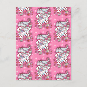 CARTÃO POSTAL DE FESTIVIDADES CHEERFUL PACHYDERM IN PINK PAJAMAS, HEART CUPCAKE