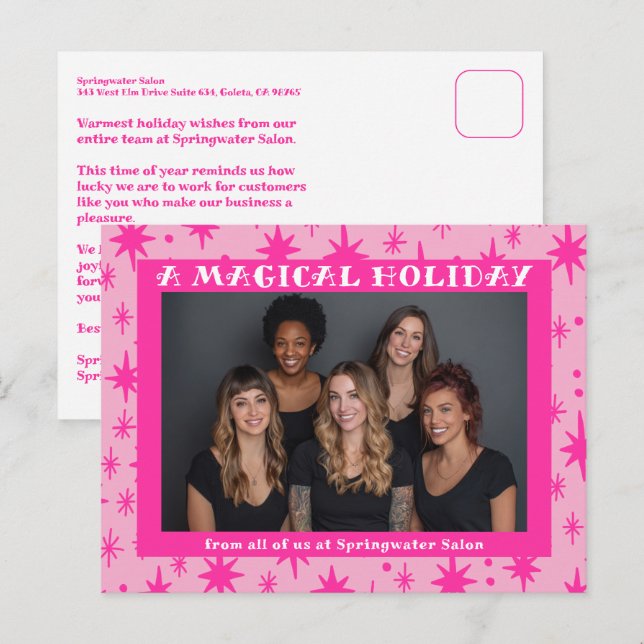 Cartão Postal De Festividades Cheerful Stars Pink Christmas Custom Business (Frente/Verso)