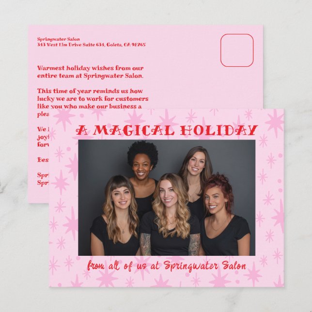 Cartão Postal De Festividades Cheerful Stars Pink Red Christmas Custom Business (Frente/Verso)