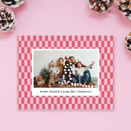 Cartão Postal De Festividades Cheery Pink Red Checkers Feriado Cartão de Natal