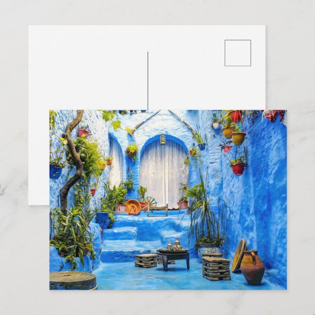 Cartão Postal De Festividades Chefchaouen Blue City Marrocos Oil Painting Boho (Frente/Verso)