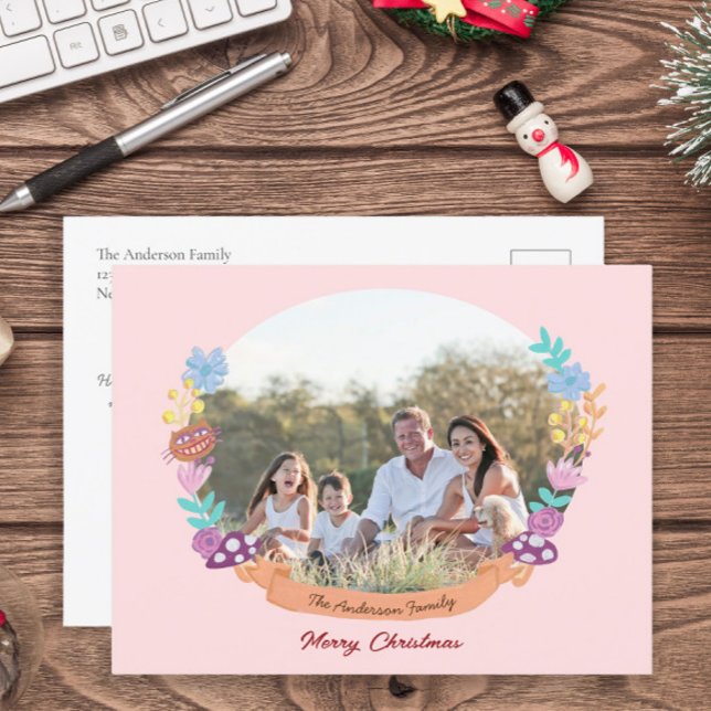 Cartão Postal De Festividades Chic Floral Wreath Blush Foto de Natal Rosa (Criador carregado)