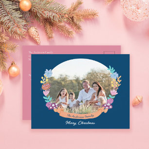 Cartão Postal De Festividades Chic Floral Wreath Dark Blue Foto Natal