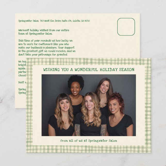 Cartão Postal De Festividades Chic Gingham Green Christmas Custom Business  (Frente/Verso)