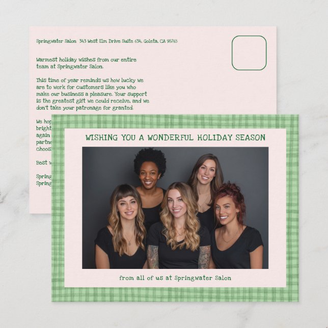 Cartão Postal De Festividades Chic Gingham Pink Green Christmas Custom Business  (Frente/Verso)