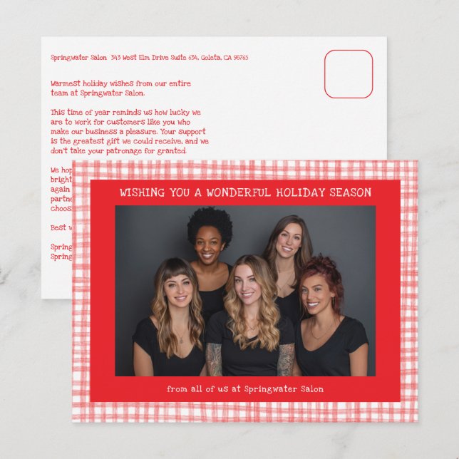 Cartão Postal De Festividades Chic Gingham Red White Christmas Custom Business  (Frente/Verso)