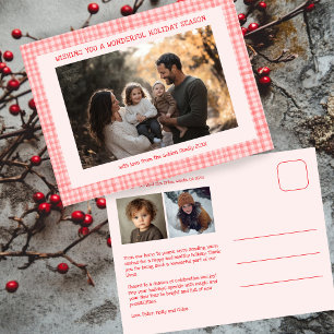 Cartão Postal De Festividades Chic Gingham Vermelho Cor-de-Rosa Natal Personaliz