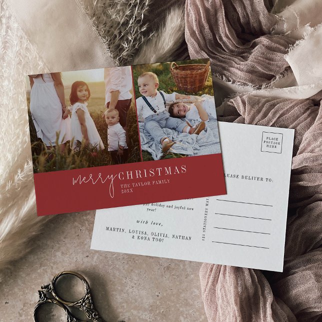 Cartão Postal De Festividades Chic Moderno | Red Photo Collage Notícias de Natal (Criador carregado)