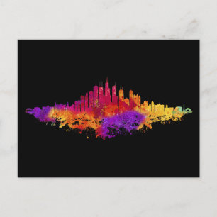 Cartão Postal De Festividades Chicago City Skyline Watercolor em Branco
