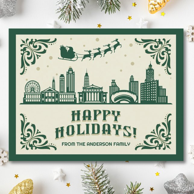Cartão Postal De Festividades Chicago, IL Skyline Felizes Feriados (Happy Holidays Chicago, IL skyline cityscape christmas postcard customizable real estate Santa )