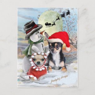 Cartão Postal De Festividades Chihuahua com Presentes de Boneco de Neve