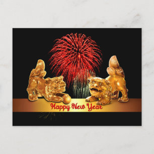 Cartão Postal De Festividades Chinese New Year Foo Dogs and Fireworks