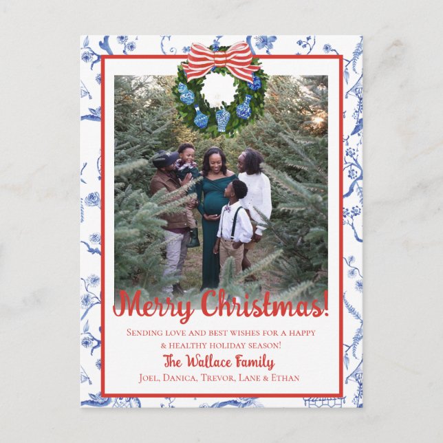 Cartão Postal De Festividades Chinoiserie Wreath, Blue & White Grandmillenial (Frente)