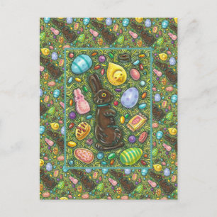 CARTÃO POSTAL DE FESTIVIDADES CHOCOLATE LESTE BUNNY, PINTINHO, OVOS, JELLY BEANS