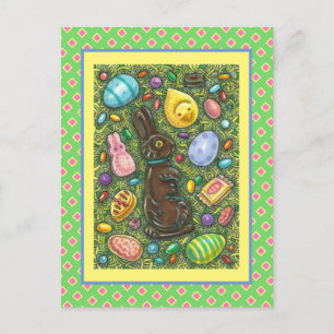CARTÃO POSTAL DE FESTIVIDADES CHOCOLATE LESTE BUNNY, PINTINHO, OVOS, JELLY BEANS