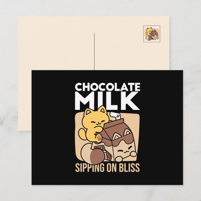 Cartão Postal De Festividades Chocolate Milk Sipping on Bliss – Kawaii Cat Food  (Frente/Verso)