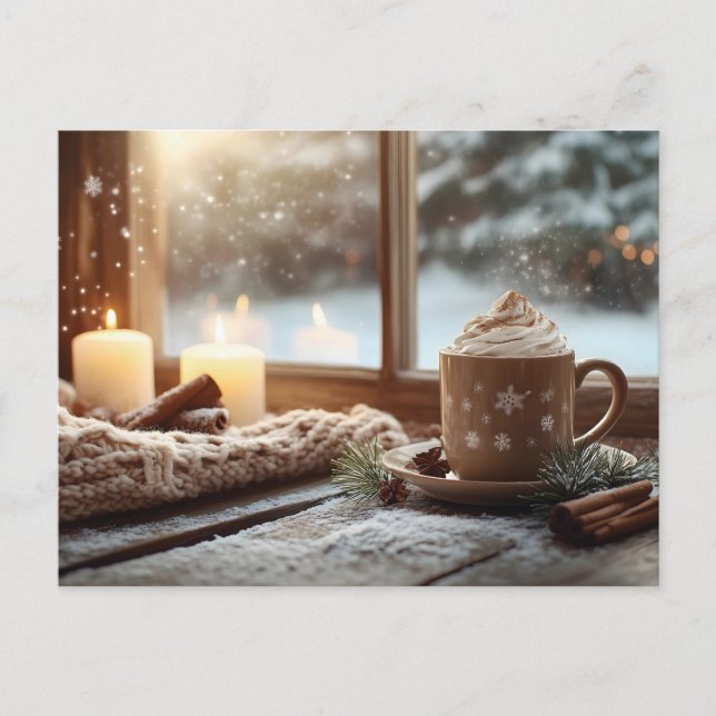 Cartão Postal De Festividades Chocolate Quente Cozy com Creme e Velas Inverno (Frente)
